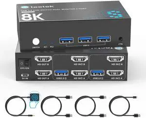 8K HDMI KVM Switch 2 Monitors 2 Computers, 8K@60Hz Dual KVM Switch for 2 Computers Sharing 2 Monitors, Keyboard, Mouse, Hard Drives, Printer, with EDID Adaptive, 2*USB Cables, and Controller.