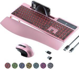 Wireless Keyboard Mouse Combo, Full Size Ergonomic Keyboard with Backlit, Wrist Rest, Calculator, Phone Holder, 2.4Ghz Silent Cordless Rechargeable Keyboard & Mouse for Laptop, PC (Pink Black)