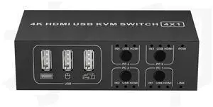 4K HDMI KVM Switch 1 Monitor 4 Computers 4K@60Hz, USB KVM Switches for Four Computer Share Monitor 4 USB Ports for Keyboard Mouse, Support Extended/Mirror Mode with Desktop Controller 4 Wires Included
