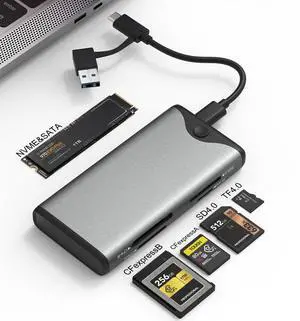 External SSD Enclosure & Card Reader 2 in 1 - CFexpress Type A/B, SD4.0/TF4.0 Card Reader, Tool-Free USB 3.2 Gen 2 M.2 NVMe/SATA Adapter for Professional Photographers and Videographers