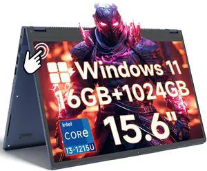 THEYETI 2 in 1 Laptop Convertible 15.6 Inch (16GB RAM, 1TB SSD), i3-1215U 6-Core Processor(Up to 4.4Ghz), FHD IPS Touch Screen Laptop Computer 360deg, Bluetooth, WiFi 2.4G+5G, Webcam, USB 3.0, Type C