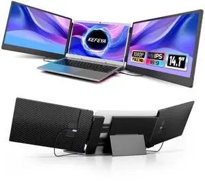 KEFEYA Laptop Screen Extender - 14.1" Triple Portable Monitor with Sturdy Metal Kickstand for 13-17 Inch Laptops, 1080P HD IPS Laptop Monitor Extender Plug and Play for Windows/Chrome/Mac/Switch/PS5