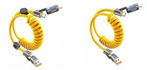 Vexipia 4-in-1 Coiled 5FT 240W USB C Cable (Yellow) with Coiled 5FT 240W USB C Cable with Magnetic Organizer (Yellow) Bundle
