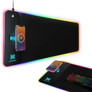 Vizeon Genesis Gaming Mouse Pad - 300x800x4mm Water-Resistant Durable Desk Mat for Keyboard and Mouse - Non Slip Rubber Base RGB Mousepad with Wireless Charging Station - Black