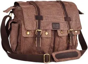 LEATHER VILLAGE Vintage Canvas Messenger Bag - 16 Inch Handmade Laptop Shoulder Bag for Men & Women - Crossbody Work Bag for Office, Travel & Daily Use - Brown