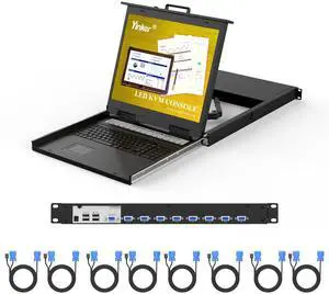 Yinker 8 Port VGA KVM Switch, 1U Rack Mount KVM with 19" LCD Monitor Keyboard Touchpad Drawer + Professional Cables, 1280x1024 LCD KVM Console for 19" Rack