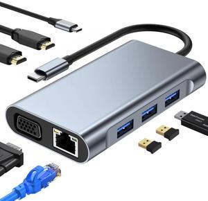 Generic Docking Station for Laptops and Tablets, 8-in-1 USB-C, Triple 4K HDMI Display Adapter, Ethernet, USB 3.0 Hub (Round), Grey