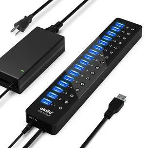 Power USB Hub 3.0, atolla 16 Port USB Splitter with 12V/6A Power Adapter and Individual Switches, High-Speed Data Transfer for Laptop, PC, Mac, and More Devices