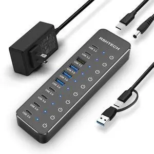 RSHTECH 10 Ports Powered USB 3.2/USB C Hub Splitter 60W with 3 x 10Gbps USB 3.2 Ports (2C + 1A),7 x USB 3.0 Ports (4C +3A), 3.3ft Cable and Individual Touch Switches for Laptop PC