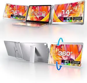 FOPO 14" Triple Monitor Laptop Screen Extender-FHD 1200P 16:10 Laptop Screen Extender, Left Screen 360deg Flip Portable Monitor for 12-16" Laptops with HDMI/USB - C, Plug & Play - S7
