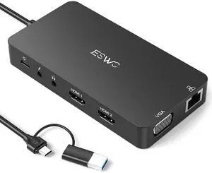 USB 3.0 Docking Station, JESWO 11-in-1 USB Laptop Docking Station for Dual Monitors, with Power Adapter (Dual HDMI and VGA, Gigabit Ethernet, Audio and More USB Ports)