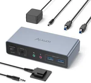 Alxum HDMI Displayport USB 3.0 KVM Switch-2 monitors to 2 computers Dual Mode Switching 4K@60Hz 3 USB A 5Gbps High-Speed Transmission,Includes 2 USB-B cables,DC 5V Power Adapter and Desktop Controller