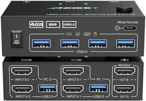 HDMI KVM Switch 2 Monitors 2 Computers 4K@60Hz 2K@144Hz, EDID Simulation, ANGEET Dual Monitor KVM Switch with 4 USB 3.0 Port for Keyboard Mouse, 2 Monitors KVM Switches with Wired Remote and USB Cable