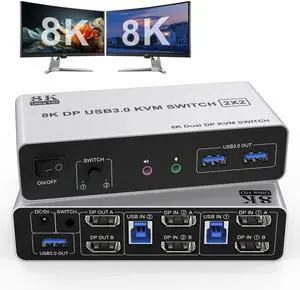 8K USB 3.0 DisplayPort KVM Switch 2 Computers 2 Monitors 8K@60Hz 4K@144Hz, Dual Monitor Displayport KVM Switches with Audio Microphone Output and 3 USB 3.0 Ports, Desktop Controller and 2 USB Cables
