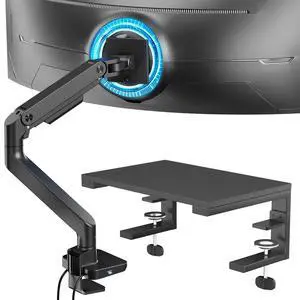 ARES WING Single Monitor Mount with 3 in 1 Versatile Clamp on Desk Shelf, Ultrawide Monitor Arm for 17 to 49 inch Heavy Duty Monitor and 15 inches Desk Extender Shelves