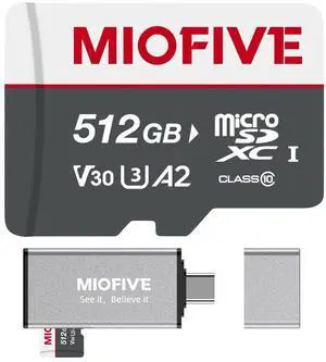Miofive Memory Card - Ultimate Micro SD Card with USB 3.0 Type-C Card Reader 170MB/s, C10, U3, A2, V30, 4K for Dash Cams, Android Smartphones, Tablets, and Gaming Devices (512GB)