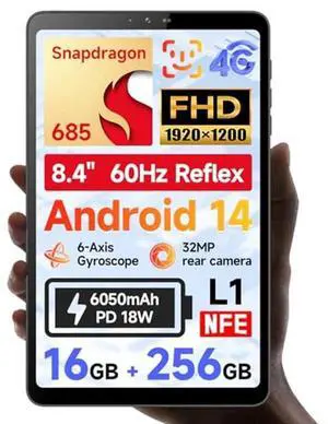 BNCF 8.4 inch Snapdragon 685 Android 14 Tablet, FHD IPS 1920x1200 Resolution 60Hz Reflex Bpad mini with Widevine L1, 16GB+256GB(1TB Expand), 5MP+32MP Camera, 4G LTE+2.4G/5G WiFi+BT5.0+GPS, 6050mAh