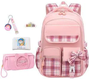 dKargo 5Pcs Pink Backpack for School Girls - Kids Schoolbag for Elementary School Kawaii Bookbag for Cute Plaid Girls Daypacks for Students Teen Kids Casual Travel Bag (Pink Plaid)