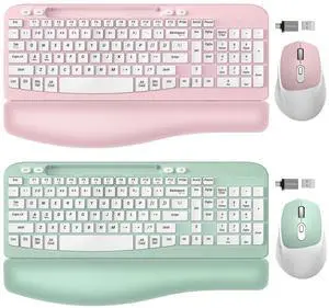 2 Pack Wireless Keyboard and Mouse Combo, EAYBLLY Wave Keys Wireless Ergonomic Keyboard with Cushioned Wrist Rest, Phone Holder, 2.4GHz Silent Cordless Keyboard Mouse Set