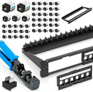 Everest Media Solutions - 24 Port Keystone Patch Panel (2-Pack) + 90 Angled Speed Termination Tool (easyJACK) + Replacement Head + 50 Pack Black 90 Angled RJ45 Cat6 Keystone Jacks