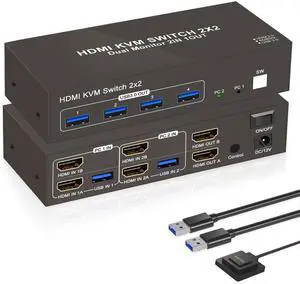 HDMI KVM Switch 2 Monitors 2 Computers 4K 60Hz Dual Monitor USB3.0 KVM Switcher HDMI 2 in 2 Out with 4 USB Ports to Share Mouse Keyboard Printer and More Supports Extended/Copy Mode