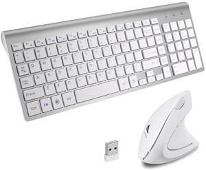 2.4GHz Wireless Vertical Ergonomic Mouse and Keyboard Combo Ultra-Thin Portable Size for PC Desktop Computer Laptop Mac Tablet (White)