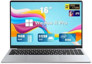 FUNYET Gaming Laptop, 16 Inch FHD Display (1920 x 1200), N150 Laptop Computer (up to 3.6GHz), 16GB RAM 512GB SSD, Supports 180 Angle Opening, Bluetooth, Backlit Keyboard, Windows 11 Pro