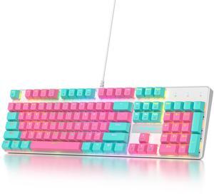 surmen Full Size Pink Creamy Keyboard with Number Pad, 104 Keys RGB Wired Mechanical Gaming Keyboard Backlit with PBT Keycaps Linear Red Switch for Laptop Desktop PC Gamers(104 Miami)