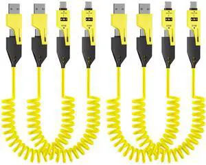 GUGOBOX 4 in 1 Coiled USB C Cable - 4ft 65W Spring Charging Cable for Phones, Laptops, Car Chargers & More, Liquid Silicone Coiled Design,4 Pack (Yellow)