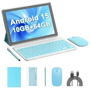 HOTTABLET 10" Android 15 Tablet Kit with Case/Stylus, 10(4+6Expand) GB RAM+64GB ROM, 2+8MP Dual Camera, 6000mAh Battery (Tablet+case+Stylus+beyboard+Mouse), Blue,