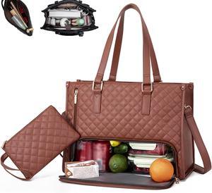 Laptop Tote Bag with Insulated Lunch Compartment for Women, 15.6 Inch PU Leather Briefcase with Leakproof Lunch Box Pocket (Brown)