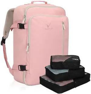 Hynes Eagle Carry on Backpack 38L Large Travel Backpack for Women Flight Approved Weekender Bag Laptop Backpack Men 15 inches Light Pink with 3PCS Packing Cubes Set Black