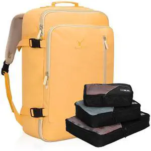 Hynes Eagle Carry on Backpack 38L Large Travel Backpack for Women Flight Approved Weekender Bag Laptop Backpack Men 15 inches Yellow with 3PCS Packing Cubes Set Black