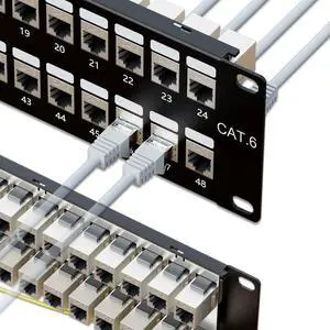 Iwillink 48 Port RJ45 Through 19-Inch Coupler 2U Cat6 Shielded Patch Panel STP Without Back Bar, Wallmount or Rackmount, Compatible with Cat5, Cat5e, Cat6 Cabling