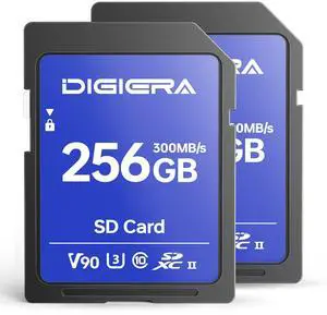 DIGIERA 256GB LSU200 SDXC UHS-II Memory Card - up to 300MB/s, C10, U3, V90, 8K, SD Card for Computers, Digital Cameras, Home Theatre Devices, Car Navigation Systems (2 Pack)