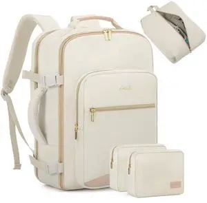 LOVEVOOK Travel Backpack for Women Men as Personal Item Flight Approved, 50L Luggage Carry On Backpack,18.4 inch Large Laptop Backpack Waterproof Outdoor Sports with 3 Packing Cubes,Beige-Flesh beige