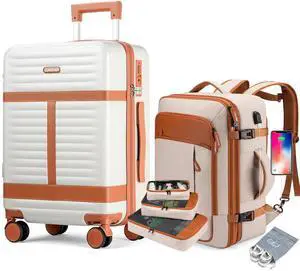 Lumesner Travel Backpack, Luggage Sets 5 Piece, Carry On Luggage 20 Inch With Spinner Wheels (Beige)