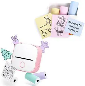 Memoqueen T02 Portable Thermal Printer, Mini Sticker & Photo Printer, 3 Rolls Pink/Yellow/Blue Non-Adhesive Thermal Paper