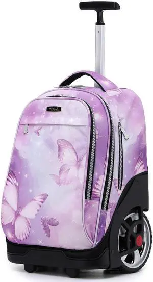 NEW TILAMI Rolling Backpack 19 inch Teens Rolling Backpack Cute Wheeled Computer Laptop Backpack Bookbag Roller Travel Bag College, Evening Butterfly (No USB interface)