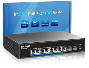 8 Port 2.5G PoE Switch Unmanaged with 8 Port 2.5Gb Base-T PoE+@130W + 2 x 10G SFP+ Uplink, NICGIGA 10 Port 2.5Gbe IEEE802.3af/at Power Over Ethernet Switch, Support WiFi6 AP, NAS, 4K PoE Camera NVR.