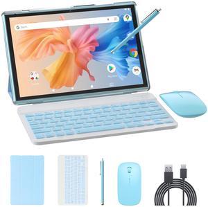 NOVOJOY 2 in 1 Tablet 10 Inch Android 14 OS Tableta, Tablets with Keyboard, Mouse, Case, Stylus, 64GB ROM+8GB RAM, 2MP+8MP Dual Camera, Quad Core Processor, 6000mAh Battery, 10.1 in FHD Tab Blue