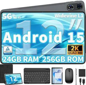 12 Inch Tablet Android 15 Tablets, 2025 Upgraded Android Tablet with Keyboard, 24GB RAM+128GB ROM(1TB Expand), Octa-Core, 2K 2000x1200 Display, 16MP Dual Camera, 8000mAh, 2.4G/5G WiFi, GPS (Black)
