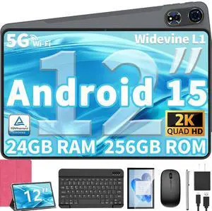 2025 Upgraded Android 15 Tablet, 12 inch Android Tablet with Keyboard, 24GB RAM+128GB ROM(1TB Expand), Octa-Core, 2K 2000x1200 Display, 16MP Dual Camera, 8000mAh, 5G WiFi, GPS, Bluetooth 5.0(Pink)