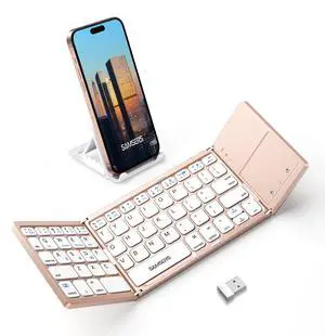 Samsers Multi-Device Foldable Bluetooth Keyboard with Touchpad, Rechargeable Dual-Mode(2.4G+BTx2) Wireless Keyboard with Holder, Portable Folding Key Board for Android Windows iOS Mac OS - Pink