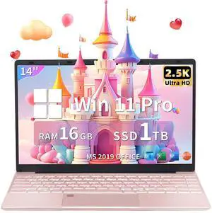 Win 11 Pro/Office 2019 14" 2.5K UHD Laptop (2560 * 1440) IPS Display,Alder Lake N95 CPU (Up to 3.4Ghz), 16GB DDR5 RAM, 1TB PCIE NVME SSD, Fingerprint, Backlit KB, Mini HDMI, Rose Gold (16G+1TB)