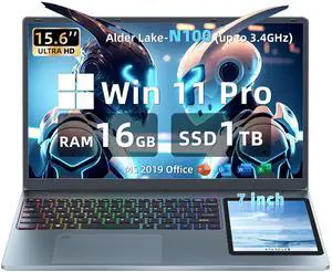Dual Screen Laptop 15.6" LCD Screen + 7" Touch Screen Computer 16GB RAM 1TB SSD in tel N100 (up to 3.4GHz) /Student & Business Portable PC with Color Backlight KB,TypeC,Windows 11 Pro (16G+1TB)