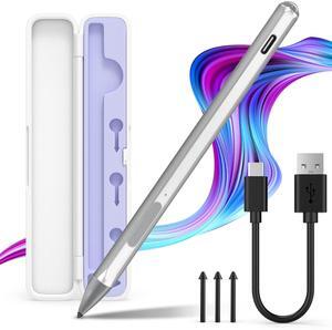 Stylus Pen for Microsoft Surface Pro11/10/9/8/7/6/5/4/3/X Surface Laptop/Book/Surface Go3 Go2,with Storage Box,4096 Tilt Pressure,Magnetic Attachment,USB-C Fast Charging,Palm Rejection Function,Silver