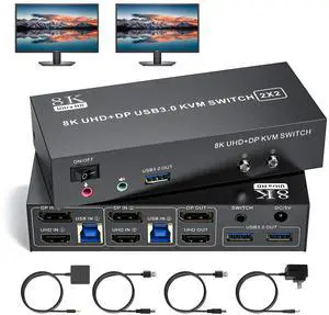 HDMI Displayport KVM Switch 2 Monitors 2 Computers 8K@60Hz 4K@60Hz,Dual Monitor Switch for 2 Computers,3 USB 3.0 Ports,Support Extended/Mirror Mode with Desktop Controller 2 USB Cables Power Adapter HDMI Displayport KVM Switch 2 Monitors 2 Computers 8K@60Hz 4K@60Hz,Dual Monitor Switch for 2 Computers,3 USB 3.0 Ports,Support Extended/Mirror Mode with Desktop Controller 2 USB Cables Power Adapter