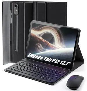 TUNKARMOR Keyboard Case for Lenovo Tab P12 12.7 Inch 2023/2024 - Mouse and Detachable Keyboard PU Leather Cover Case Auto Sleep/Wake - Black
