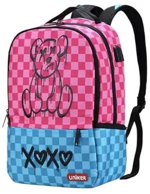 UNIKER Pink Laptop Backpack with USB Charging Port for School Teens Girls, Water Resistant Travel Backpack for Women, Middle School Backpack for 15.6 Inch Laptop, Pink Bear